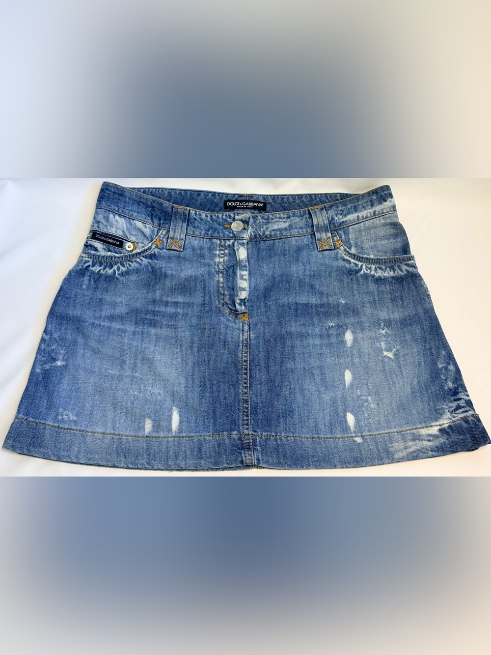 Dolce & Gabbana Vintage Y2K Distressed Denim Mini Skirt Silver Tone DG Logo 42